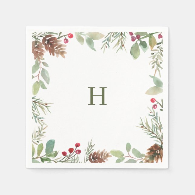 Monogram Watercolor Christmas Greenery Napkins (Front)