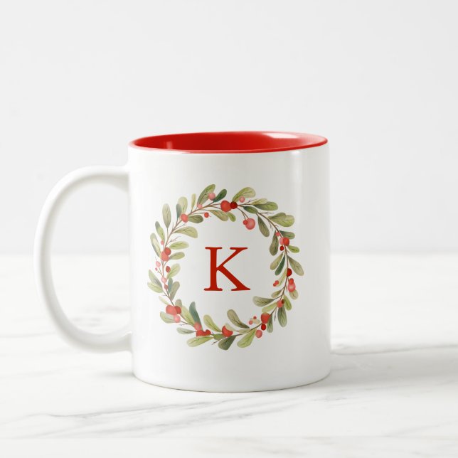 Monogram Watercolor Christmas Wreath Two-Tone Coffee Mug (Left)