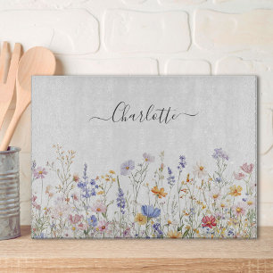 Monogram Watercolor Colourful Pretty Wildflower Cutting Board