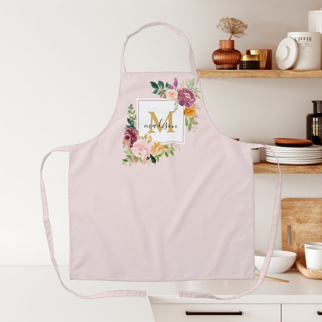 Monogram Watercolor Colourful Roses Flower Floral Apron (In situ)