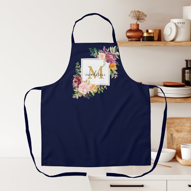 Monogram Watercolor Colourful Roses Flower Floral Apron (In situ)