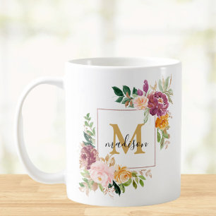 Monogram Watercolor Colourful Roses Flower Floral Coffee Mug