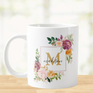 Monogram Watercolor Colourful Roses Flower Floral Large Coffee Mug