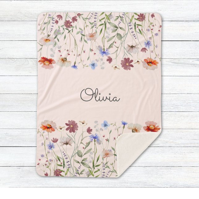 Monogram Watercolor Colourful Wildflower Meadow Sherpa Blanket (Close up)