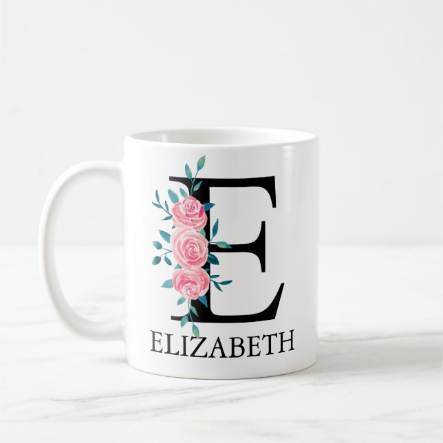 Monogram Watercolor Custom Single Letter E Coffee Mug (Left)