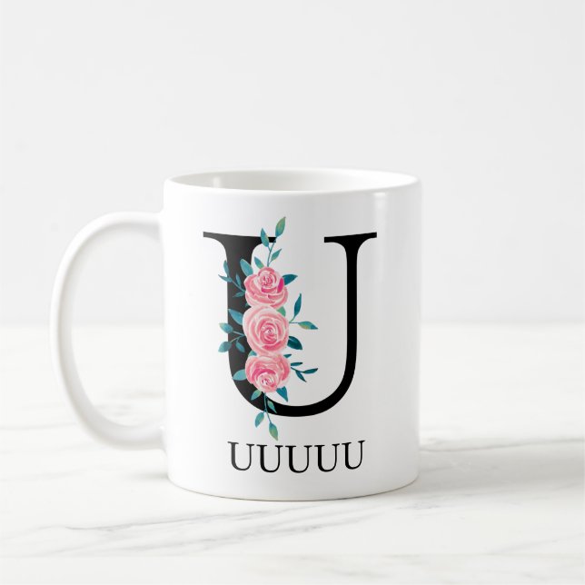 Monogram Watercolor Custom Single Letter U Coffee Mug (Left)