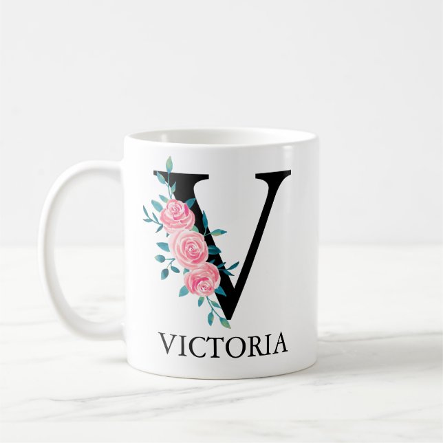 Monogram Watercolor Custom Single Letter V Coffee Mug (Left)