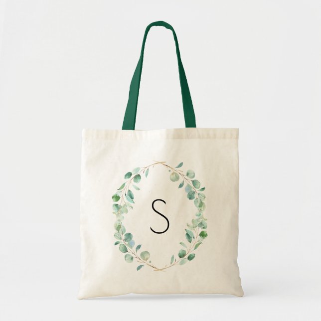 Monogram Watercolor Eucalyptus Greenery Tote Bag (Front)