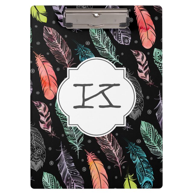 Monogram Watercolor Feather Pattern Clipboard (Front)
