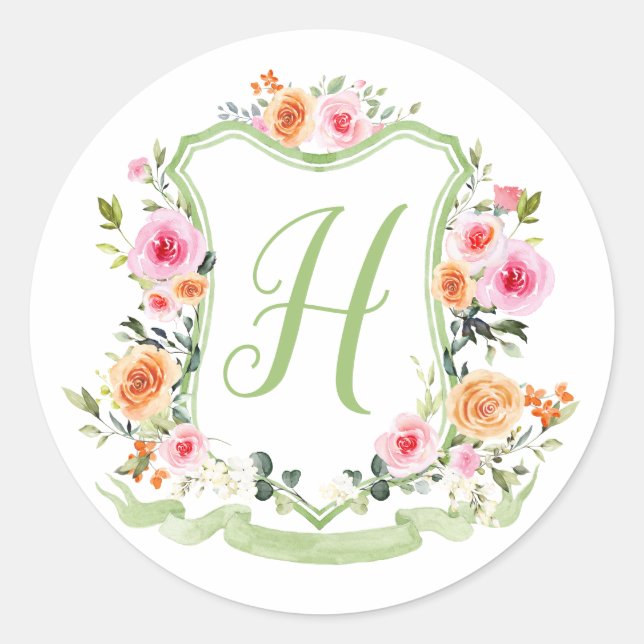 Monogram Watercolor Floral Crest Sticker  (Front)