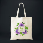 Monogram Watercolor Floral Custom Tote Bag<br><div class="desc">Purple roses and leaves behind your name and initial. 100% natural material, available in 5 sizes to fit all your needs, customize with for the perfect gift or casual accessory. Versatile, trendy, durable, a custom tote means you'll always look fashionable! Dimensions: 15.75" long x 15.25" wide. Also available with pink...</div>