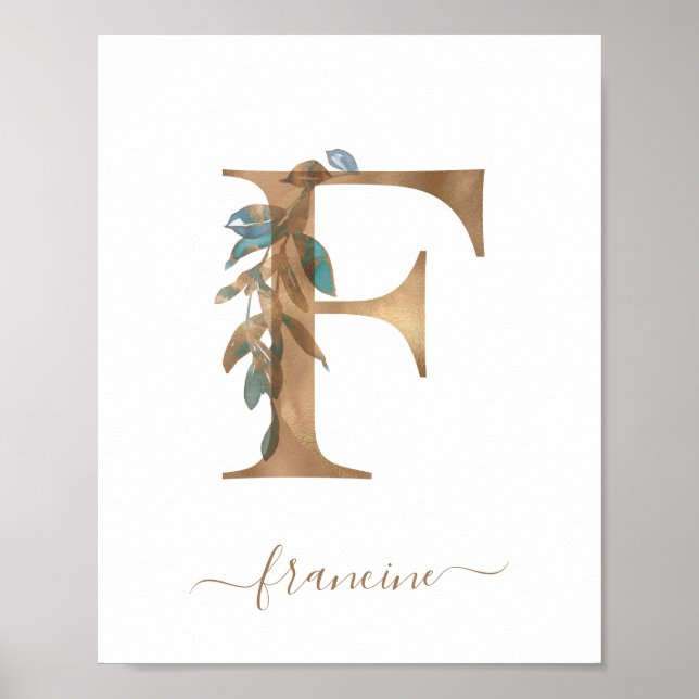 Monogram Watercolor Floral Gold Letter F Poster (Front)