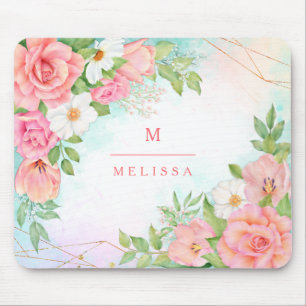 Monogram Watercolor Floral Greenery Pink Geometric Mouse Pad