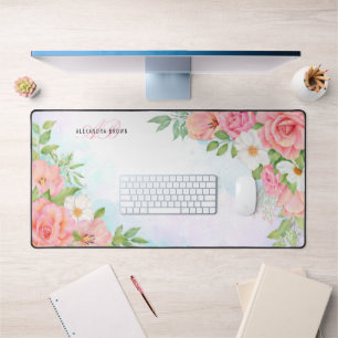 Monogram Watercolor Floral Greenery Pink Rose Desk Mat