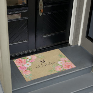 Monogram Watercolor Floral Greenery Pink Rose Doormat