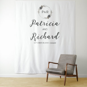 Monogram Watercolor Floral Wedding Backdrop Tapestry