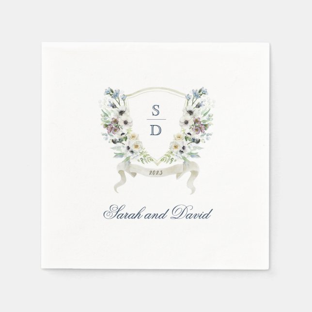 Monogram Watercolor Floral Wedding Cocktail Napkin (Front)