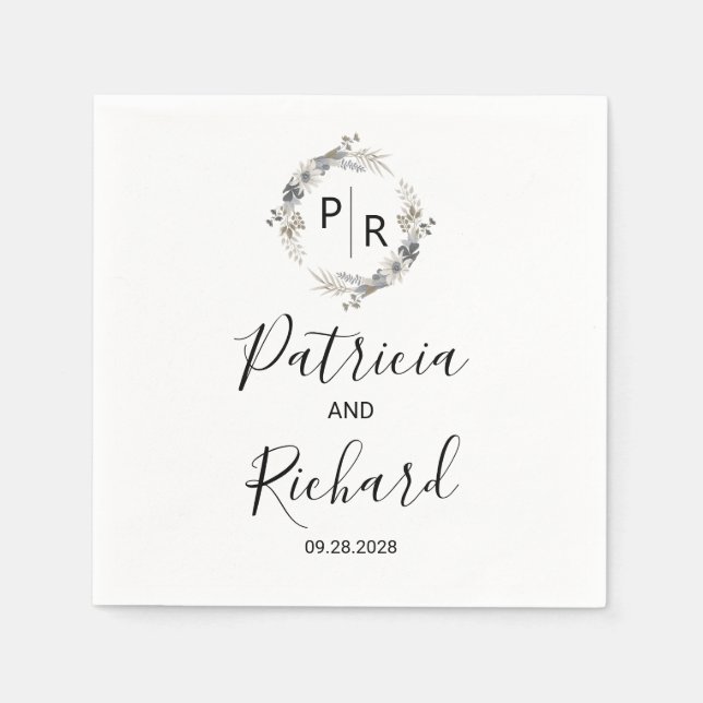 Monogram Watercolor Floral Wedding Napkin (Front)