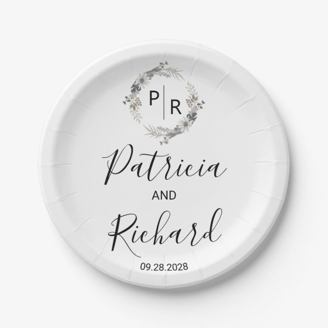 Monogram Watercolor Floral Wedding Paper Plate (Front)