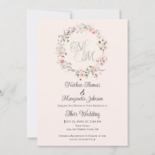 Monogram Watercolor Floral Wreath Wedding Invitation