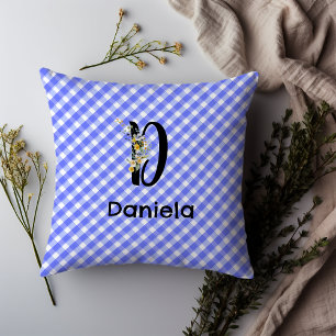 Monogram watercolor flower gingham blue minimalist throw pillow