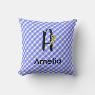 Monogram watercolor flower gingham blue pattern throw pillow