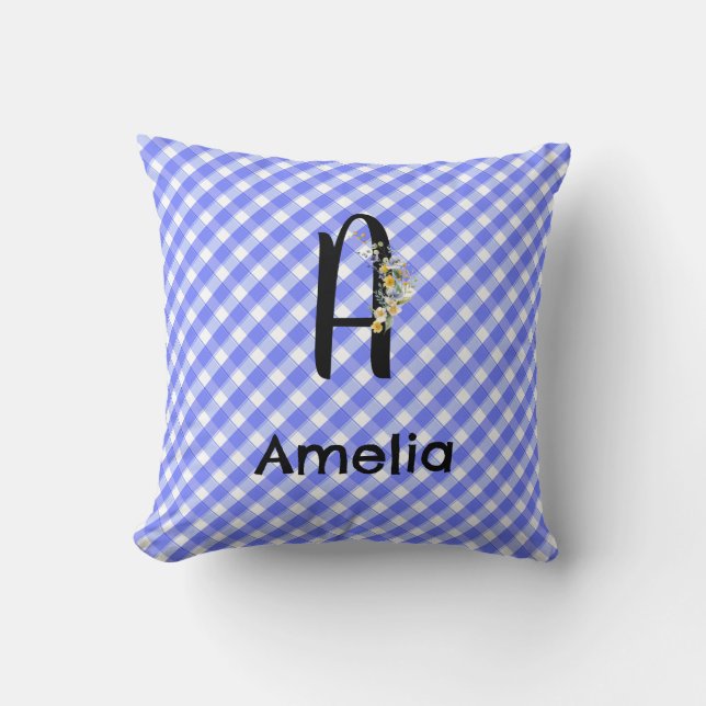 Monogram watercolor flower gingham blue pattern throw pillow (Front)
