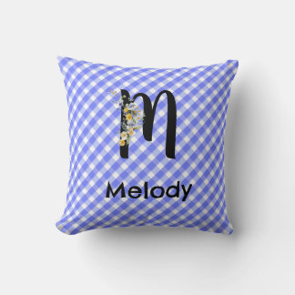 Monogram watercolor flower gingham blue pattern throw pillow