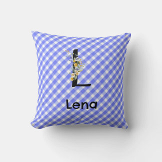 Monogram watercolor flower gingham blue pattern throw pillow