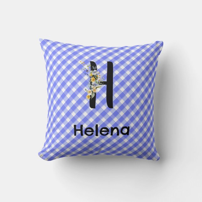 Monogram watercolor flower gingham blue pattern throw pillow (Front)