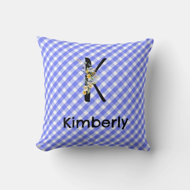Monogram watercolor flower gingham blue pattern throw pillow (Front)