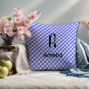Monogram watercolor flower gingham blue pattern throw pillow