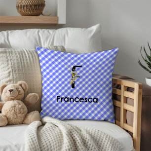 Monogram watercolor flower gingham blue pattern throw pillow
