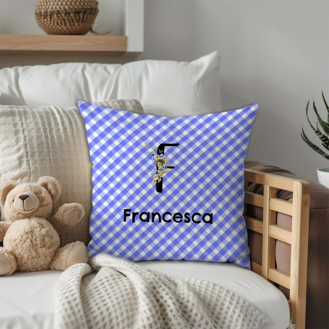 Monogram watercolor flower gingham blue pattern throw pillow (Creator Uploaded)