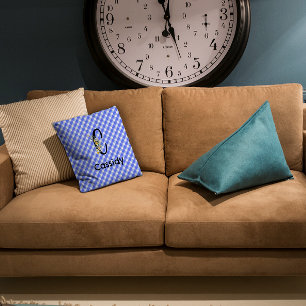 Monogram watercolor flower gingham blue pattern throw pillow