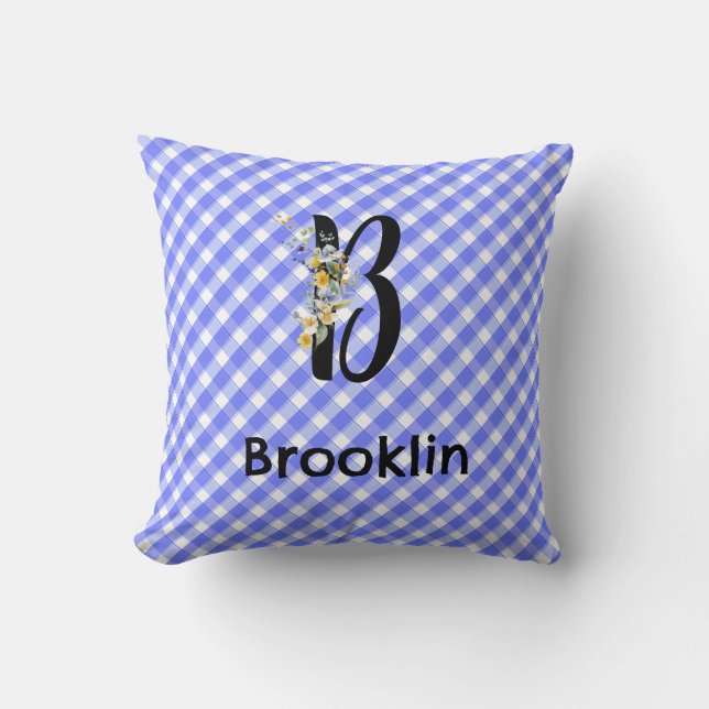 Monogram watercolor flower gingham blue pattern throw pillow (Front)