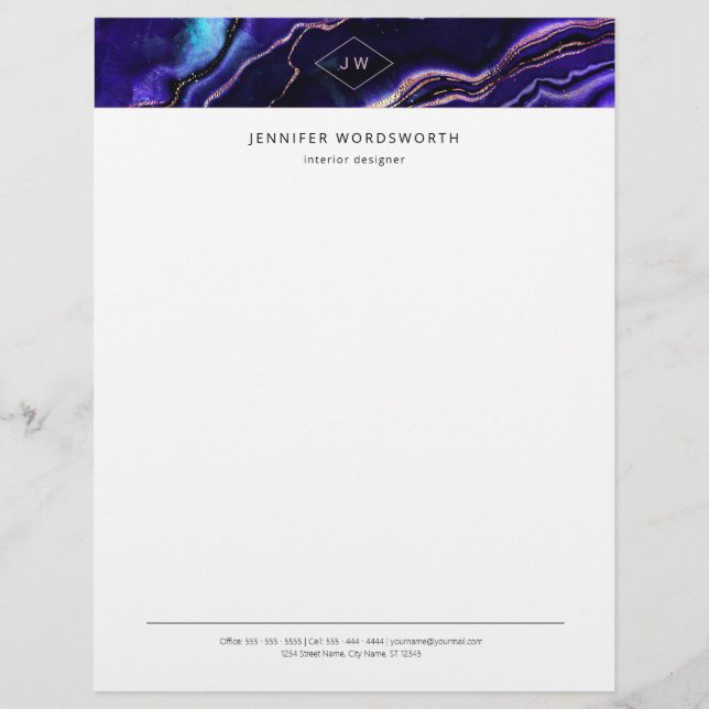 Monogram Watercolor Geode Deep Blue Purple Agate Letterhead (Front)