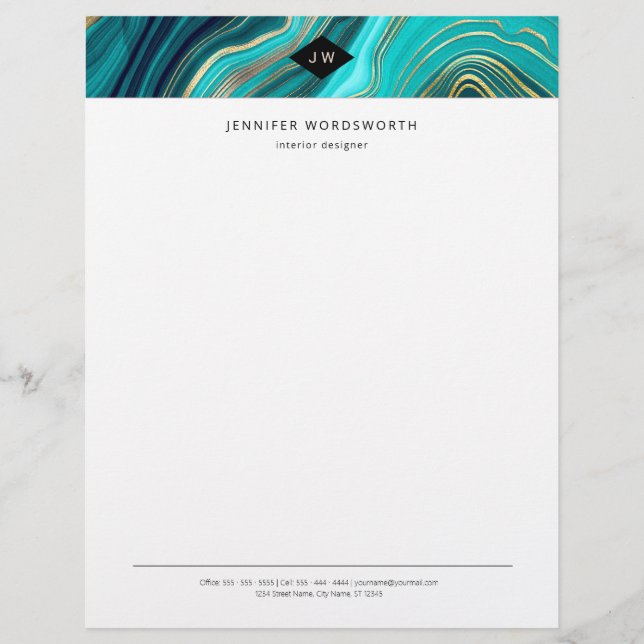 Monogram Watercolor Geode Green Agate Malachite Letterhead (Front)