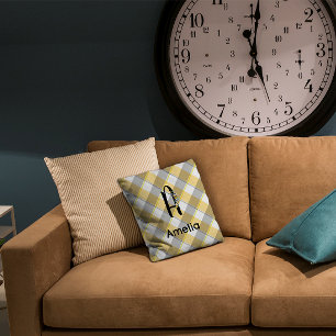 Monogram watercolor  gingham yellow  grey pattern throw pillow