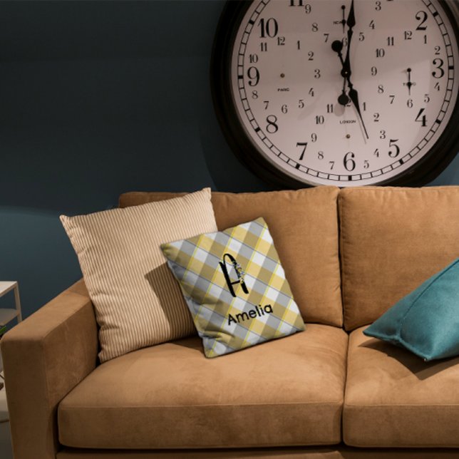 Monogram watercolor  gingham yellow  grey pattern throw pillow (Creator Uploaded)