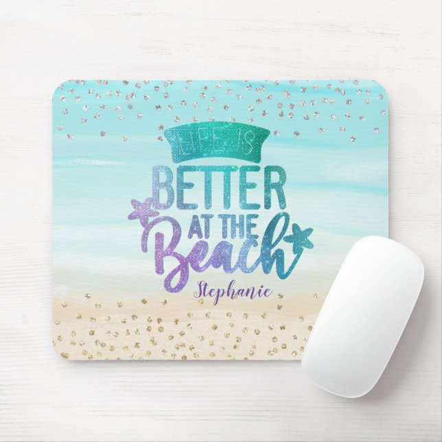 Monogram Watercolor Glitter Life Is Better Beach Mouse Pad (With Mouse)