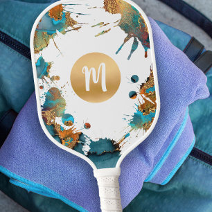 Monogram Watercolor Gold Turquoise Orange Splatter Pickleball Paddle
