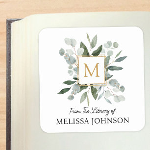Monogram Watercolor Green Leaves Bookplate Sticker