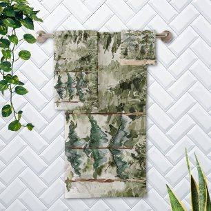 Monogram Watercolor Green Pine Forest on Mountain Bath Towel Set