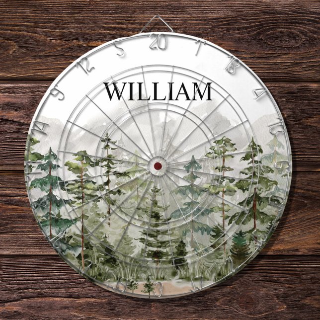 Monogram Watercolor Green Pine Forest on Mountain Dartboard (Creator Uploaded)