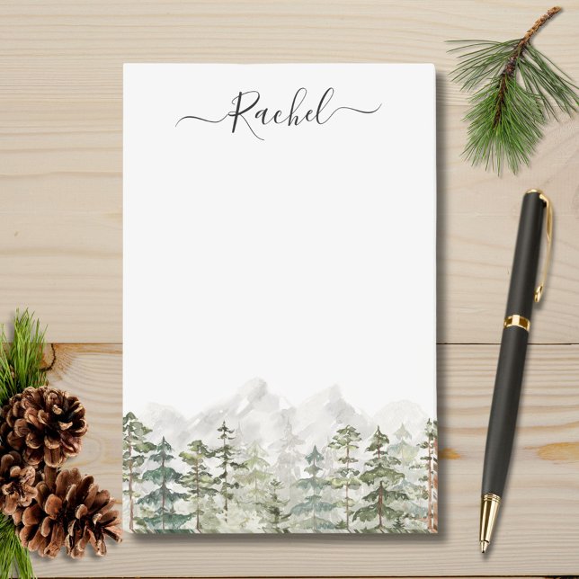 Monogram Watercolor Green Pine Forest on Mountain Post-it Notes (In situ)