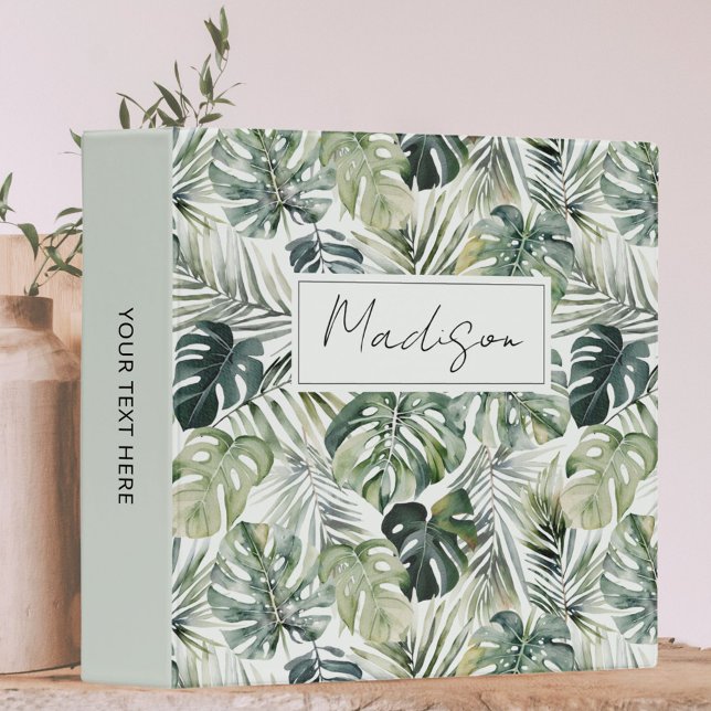 Monogram Watercolor Green Tropical Leaves Pattern Binder (In situ)