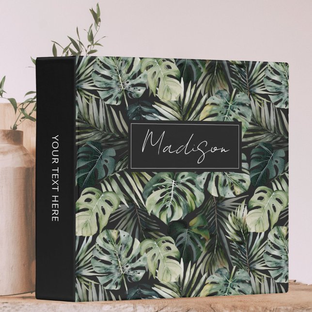 Monogram Watercolor Green Tropical Leaves Pattern Binder (In situ)