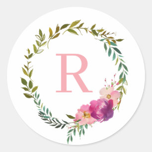 Monogram Watercolor Laurel Pink Flower Wreath Classic Round Sticker