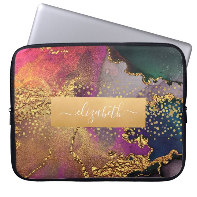 Monogram watercolor marble gold purple blue green laptop sleeve (Front)
